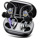 Wireless Earbuds, Bluetooth 5.3 Headphones with 4 ENC Noise Canceling Mic, 50H Stereo Dual LED Display Ear Buds, Sport Wireless Earphones with Earhooks, IP7 Waterproof Wireless Headphones for Running