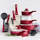 GreenLife 16 Pc Ceramic Cookware Set Healthy Soft Grip Frying Pans Red