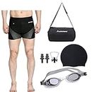 SHIFTER Swimming Costume Trunks Shorts for Men | Anti Fog Swimming Goggles | Silicone Swim Cap for Kids Adults | Earplugs Noseplugs Set Swimming Combo Kit with Carry Duffle Gym Bag (2X-Large, Black)
