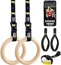 Double Circle Wood Gymnastic Rings with Quick Adjust Numbered Straps, Door Anchor, Foot Straps And Exercise Videos Guide for Full Body Workout, Calisthenics, And Home Gym (Rings 1.25 inch)