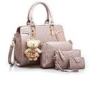 MORGLOVE Fashion Women PU Leather Handbag Top Handle bag Messenger Bag Shoulder Bag Tote Bag Card Purse in Gold （4 Pcs Set）