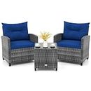 KOTEK 3 Piece Patio Furniture Set, Outdoor PE Rattan Conversation Set with Washable Cushions & Tempered Glass Tabletop, Wicker Chairs and Table Set for Porch, Garden, Balcony (Navy)
