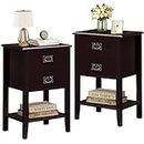 VECELO Nightstands Set of 2 End/Side Tables for Living Room Bedroom Bedside, Vintage Accent Furniture Small Space, Solid Wood Legs, Two Drawers, Black Walnut