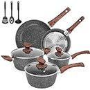 Pots and Pans Set, Pre-Installed Nonstick Granite Pots and Pans, 11 Piece Die-Casting Cookware Sets with Frying Pan, Sauce Pan, Cooking Pot, Kitchen Utensils, Gas/Induction Compatible, 100% PFOA Free