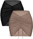 AI'MAGE Pareos Playa 2 Piezas Mujer Playa Sheer Cover Ups Malla Bikini Wrap Falda Fruncida para Trajes de Baño, Negro+Caqui, M