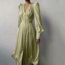 Women Solid Silk Buttoned Tea Dress Long Sleeve Dress