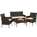 BestOffice Patio Furniture 4 Pieces Outdoor Indoor Use Rattan Chairs Wicker Patio Loveseats Conversation Sets with Table and Beige Cushions for Backyard Lawn Porch Garden Balcony,Brown