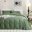 JELLYMONI Green Duvet Cover Queen Size - 100% Washed Cotton Linen Feel Textured Comforter Cover, 3 Pieces Breathable Soft Bedding Set with Zipper Closure (Green, Queen 90"x90")
