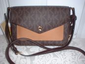NWT Michael Kors Greenwich Signature Leather Small Flap Crossbody Handbag Brown