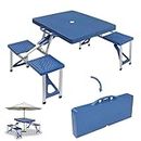 Folding Siamese Tables and Chairs Set Picnic Table& Benches Set 53"x33"x26",Aluminum Alloy Portable Desk with 4 Seats for Indoor Outdoor Travel, Camping,Hole for Parasol, Foldable with Handle