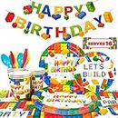 Building Block Party Supplies - Set di 129 decorazioni colorate per feste di compleanno, piatti da costruzione, tovaglioli, tovaglioli, striscioni