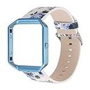 AsohsEN Women Flower Strap for Fitbit Blaze Bands, Genuine Soft Leather Replacement Wristband Bracelet Metal Frame for Fitbit Blaze Smart Fitness Watch (White Blue + Blue)