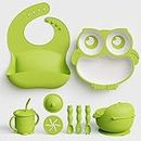 Baby Led Weaning Supplies, 10 Pack Silicone Baby Feeding Set - Baby Bowls and Plates with Suction, Toddler Spoons and Fork, Toddler Cups with Replaceable Lids (Green)…