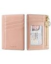 Vulkitty Women Minimalist Slim Front Pocket Wallet Keychain Small Purse RFID Blocking Credit Card Holder with ID Slot Window Pink