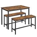 VASAGLE Dining Table with 2 Benches, 3 Piece Set, Kitchen Table of 70 x 110 x 75 cm, 2 Benches of 30 x 97 x 50 cm Each, Steel Frame, Industrial Design, Rustic Brown and Black KDT070B01