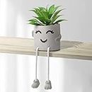 Alynsehom Artificial Potted Plant,Cute Fake Succulent Plant with Hanging Leg,Emotional Cement Faux Succulent Potted Plant Decor for Home Office Table Desk Living Room Shelves (Smile)