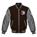 Varsity Baseball Letterman Bomber School Wool and Genuine Grey Leather Sleeves Zipper Eagle & American Flag Logos Jacket (Brown, 2XL)