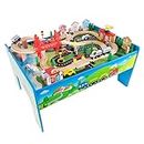 Hey! Play! Wooden Train Set Table for Kids, Deluxe Had Painted Wooden Set with Tracks, Trains, Cars, Boats, and Accessories for Boys and Girls by