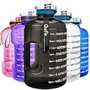 QuiFit Motivational Gallon Water Bottle - with Time Marker & Strainer & Handle Leak-Proof Infuser Water Bottle for Fitness Outdoor Sports Enthusiasts BPA Free(Midnight Black, 1 Gallon)
