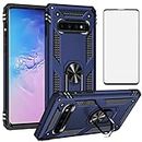 Phone Case for Samsung Galaxy S10 with Tempered Glass Screen Protector Cover And Magnetic Rugged Stand Ring Holder Mobile Accessories Protective Hard Shockproof Bumper S 10 10S GS10 SX Girls Men Blue