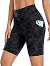 CRZ YOGA Women's Butterluxe Buttery Soft Biker Shorts Side Pockets- High Waisted Workout Yoga Shorts 8 Inches Tie Dye Smoke Ink Large