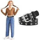 Kids Double Grommet Belts With Holes for Girls Boys PU Leather Two Row Grommet pants Belt for Jeans Dress, Black, Suit for pants Size below28 Inches