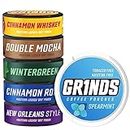 Grinds Coffee Pouches | New 6 Can Sampler | Wintergreen, Spearmint, Cinnamon Roll | 2X Caffeine: Double Mocha, Mint Chocolate, New Orleans | Tobacco & Nicotine Free Healthy Alternative