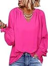 Dokotoo Womens Blouses Smocked Puff Long Sleeve Women's Shirts V Neck Casual Chiffon Ladies Tops Pink L UK 14 16