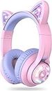 iClever Kids Headphones Wireless Cat Ear, LED Lights Up, 74/85/94dB Volume Limited, 50H Playtime,Bluetooth 5.2, USB C, Kids Headphones Wireless Over Ear for Travel iPad Tablet, Meow Macaron-Purple