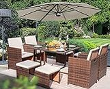 Homall 9 Pieces Dining Outdoor Furniture Patio Wicker Rattan Chairs and Tempered Glass Table Sectional Conversation Set Cushioned with Ottoman (Brown), 9