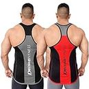 DECISIVE® Fitness Designer Gym Stringer Vest, Gym Vest, Racer Back (Grey-Orange/Black-Red) (Medium (38" Chest))