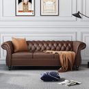 Leather Sofa Couch Living Room Furniture Three-seat Chesterfield Tufted Roll Arm