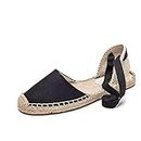 A COUPLE OF LINES Women's Espadrille Lace Up Flats - Comfortable Flat Sandals Summer Breathable Espadrille Sandals Adjustable Shoelace Easy to Wear Suitable for Dating, Work, Travel(Black-8)