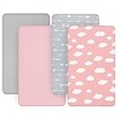 Pack and Play Sheets Fitted, 4 Pack Playpen Sheets Fitted Standard Pack and Play, Ultra Soft Microfiber Pack and Play Fitted Sheet for Girls, Grey & Pink
