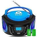 KLIM Boombox Portable Audio System - New 2023 - FM Radio CD Player Bluetooth MP3 USB AUX - Includes Rechargeable Batteries - Wired & Wireless Modes - Compact and Sturdy - Blue