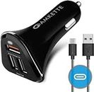 Amkette Power Pro 3 Port 33 Watts USB Car Charger with Quick Charge 3.0 & Free Braided Type C Cable, 1 Year Warranty (Black).