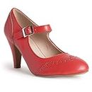 J. Adams Mary Jane Oxford Pumps - Cute Low Kitten Heels - Retro Round Toe Shoe with Ankle Strap - Kym, Red Pu, 10 US