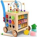 Wooden Baby Walker | 9-in-1 Wooden Activity Cube, Sit-to-Stand Learning Walker Activity Center, Early Educational Push & Pull Toys for Baby Toddler Boys Girls, Height & Brake Adjustable