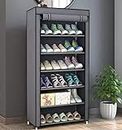 Shoe Rack 6 Shelves Storage Organizer Cabinet Tower with Nonwoven Fabric and Zippered Dustproof Cover, Plastic, Grey