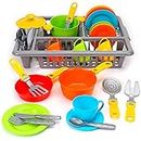 TECHNOK Play Dishes for Kids Kitchen - 33 Pcs Pretend Play Kitchen Dishes Set with Drainer - Fun and Colorful Toy Dishes Kit - Pretend Dishes Cookware Set - Childrens Durable Tableware Playset (Grey)