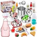 Shimirth 37PCS Pretend Play Kitchen Accessories, Kids Kitchen Playset Stainless Steel Play Pots and Pans Sets for Kids, Apron & Chef Hat, Cooking Utensils, Play Food, Kitchen Toys, Gift for Boys Girls