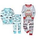 Babylike 4 Pieces Pajamas Sets Little Boys Sleepwears 100% Cotton Clothes Toddler Kid PJS(Blue Dinosaur/Red Truck,7 Years)