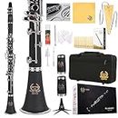 Rhythm Bb Clarinet 17 Nickel Keys Woodwind Band & Orchestra Musical Instruments for Beginners Includes Case, Stand, 10 Reeds and Cleaning Kit-Black/Silver keys