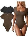 OQQ Women's 2 Piece Bodysuits Sexy Ribbed One Piece Square Neck Short Sleeve Bodysuits Black Coffee