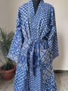 Indian Blue Patchwork Print Cotton Robe Long Kimono Sleepwear Night Suit Kimono