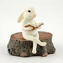 Top Collection Miniature Fairy Garden & Terrarium Bunny Reading on Stump Statue, Small,Ivory