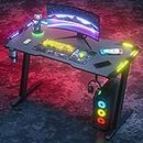 ADVWIN Gaming Desk LED Gaming Workstation RGB Light Computer Desk Z Shaped, Black Pc Desk with Carbon Fiber Surface Cup Holder & Headphone Hook, (120 * 60 * 75cm)