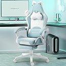 Dowinx Gaming Chair Cute with Cat Ears and Massage Lumbar Support, Ergonomic Computer Chair for Girl with Footrest and Headrest, Comfortable Reclining Game Chair 290lbs for Adult, Teen, Blue Green