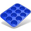 Belmalia Muffin Tray Silicone, 12 Holes, 33 x 25 x 3 cm, Non-Stick Coating, Cupcake Muffins Tin Dark Blue