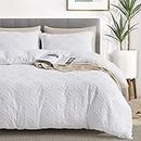 Maple&Stone Queen Duvet Cover Set, 3 Pieces Textured Tufted Boho Bedding Sets Zipper Closure Design with Ties, 1 Duvet Cover + 2 Pillow Shams, Comforter NOT Included (White, Queen Size)